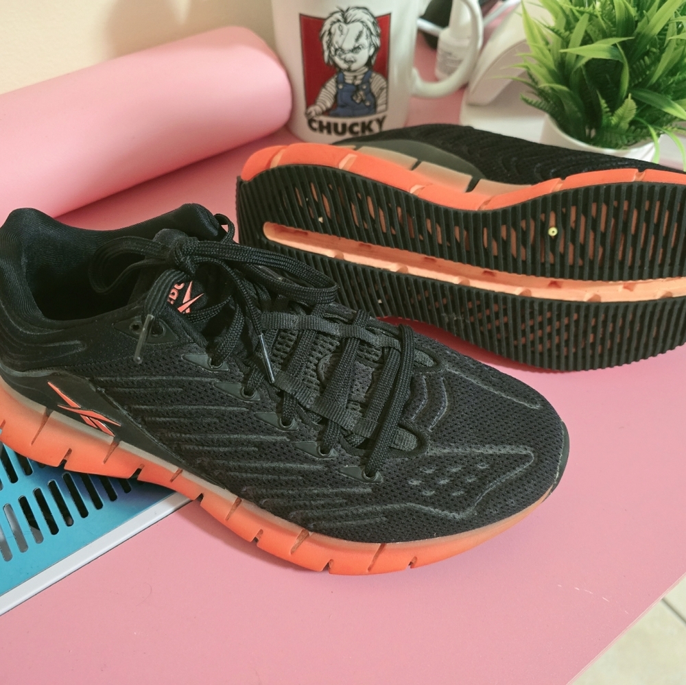 Black and Orange Athletic Shoes with Knit Upper and Vibrant Sole - Picture 2 of 2